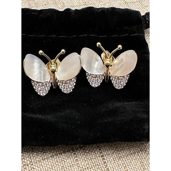 RACHEL GLAUBER Earrings 14k Gold Plated Mother Of Pearl Cubic Zirconia Butterfly - Picture 3 of 9